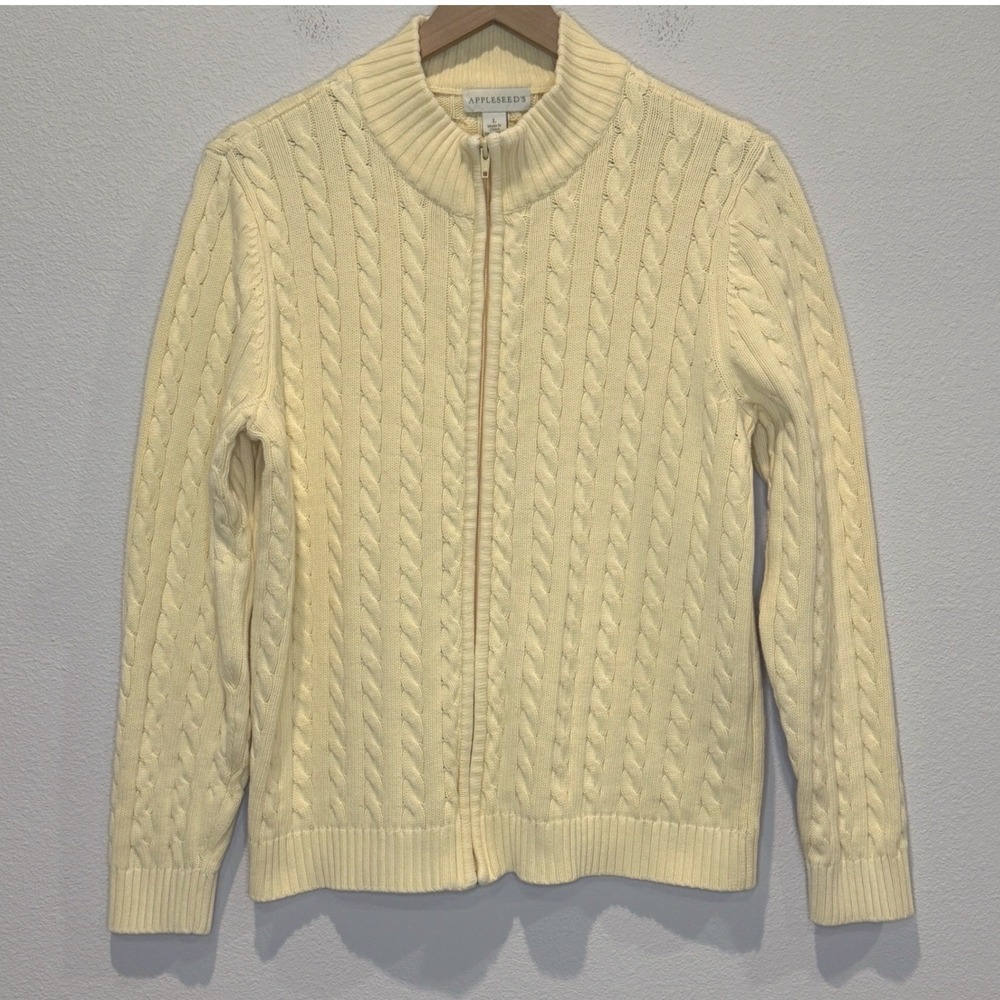 APPLESEED'S Women 100% Cotton Sweater L Yellow Cable Knit Full Zip Cardigan Mock